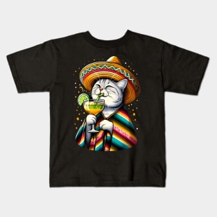 Cat Drinking Margarita Mexican Poncho Cat Lover Kids T-Shirt